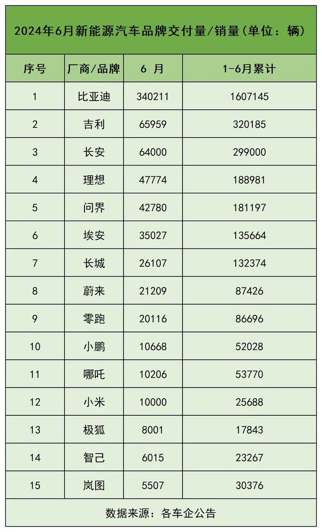 2024年6月新能源汽车销量