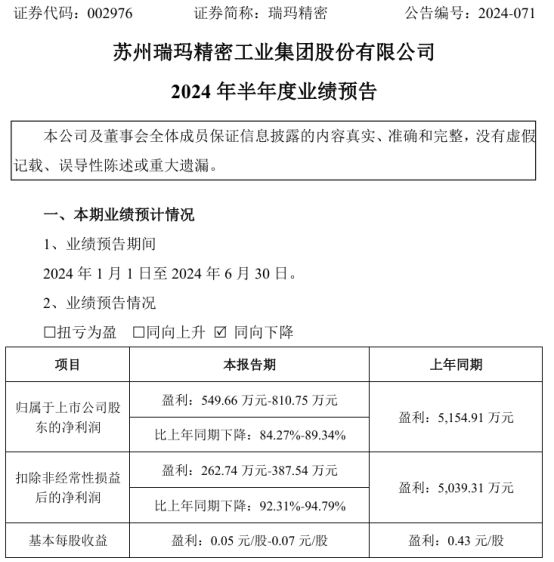 瑞玛精密2024年上半年预计净利54966万-81075万新能源电池结构件产品项目研发投入较大(图1)