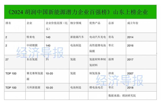 2024胡润中国新能源潜力企业百强榜发布：山东5企业上榜特来电估值居前