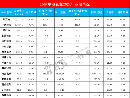 15家电池企业2024年业绩收官！(图1)